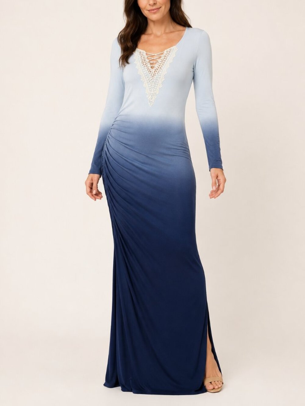 VENUS Blue Ombré Ruched Long-Sleeve Maxi Dress Large